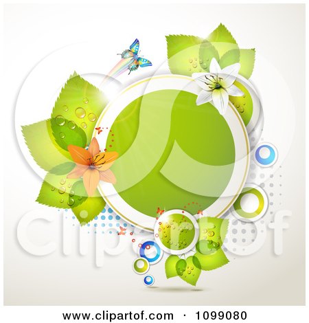 Clipart Background Of A Butterfly With Lilies And Leaves Around A Frame - Royalty Free Vector Illustration by merlinul
