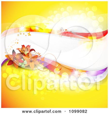 Clipart Background Of Lily Flowers And Colorful Waves With Copyspace On Yellow - Royalty Free Vector Illustration by merlinul