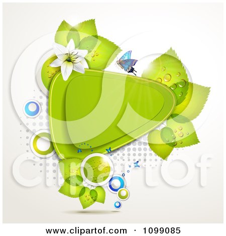 Clipart Background Of A Butterfly With Lilies And Leaves Around A Green Triangular Frame - Royalty Free Vector Illustration by merlinul