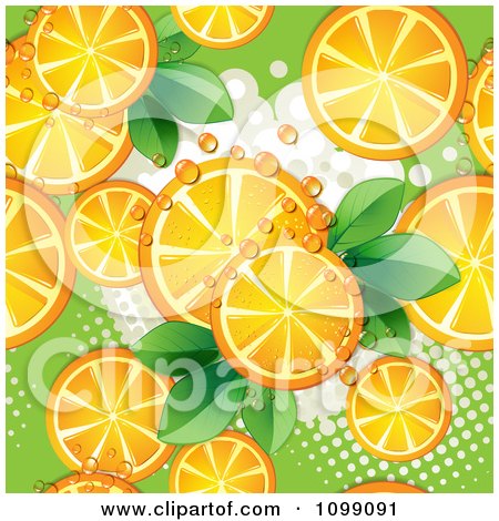 Clipart Seamless Background Of Orange Slices And Leaves With Halftones And Dew - Royalty Free Vector Illustration by merlinul