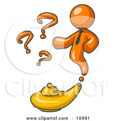 Orange Genie Man Emerging From a Golden Lamp With Question Marks Clipart Illustration by Leo Blanchette