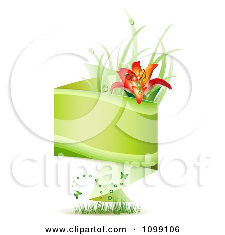 Clipart Green Origami Banner With Grass Butterflies And A Red Lily - Royalty Free Vector Illustration by merlinul