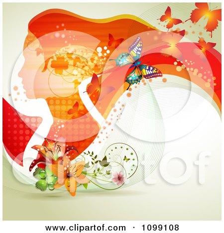 Clipart Background Of A Red Profiled Woman With Long Hair Butterflies And Flowers - Royalty Free Vector Illustration by merlinul