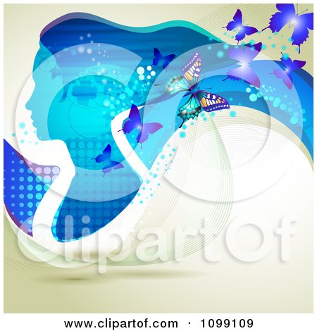 Clipart Background Of A Blue Profiled Woman With Long Hair Butterflies And Flowers - Royalty Free Vector Illustration by merlinul