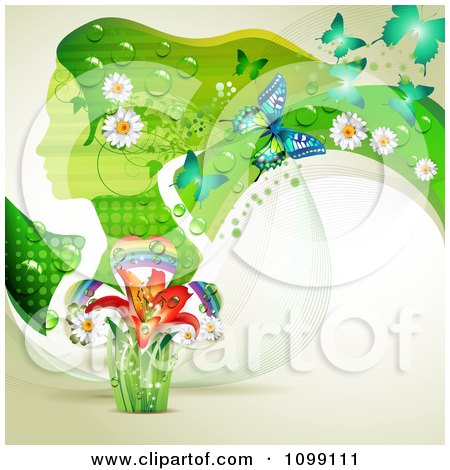 Clipart Background Of A Green Profiled Woman With Long Hair Butterflies Daisies And A Rainbow Lily - Royalty Free Vector Illustration by merlinul