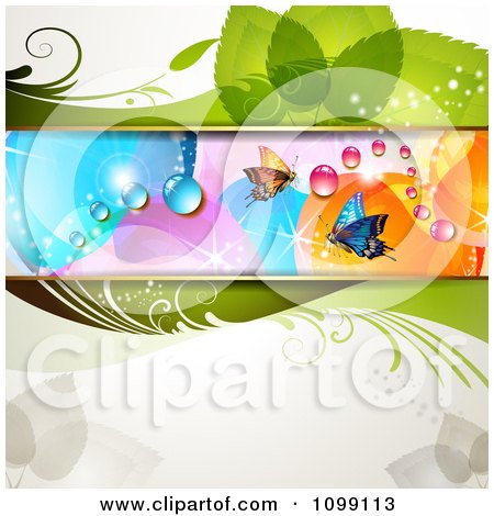 Clipart Floral Background With Butterflies Flowers And Colorful Dew Drops - Royalty Free Vector Illustration by merlinul