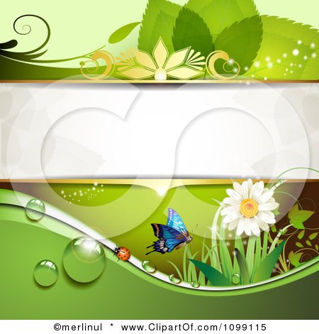 Clipart Green Background Of A Ladybug Butterfly Daisy And Foliage With Copyspace - Royalty Free Vector Illustration by merlinul