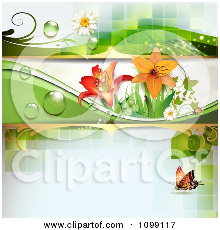 Clipart Background Of A Ladybug And Butterfly With Dew Daisies And Lilies - Royalty Free Vector Illustration by merlinul