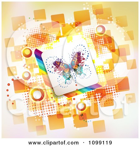 Clipart Butterfly Tile Over Rainbow Stripes And Orange Tiles With Circles - Royalty Free Vector Illustration by merlinul