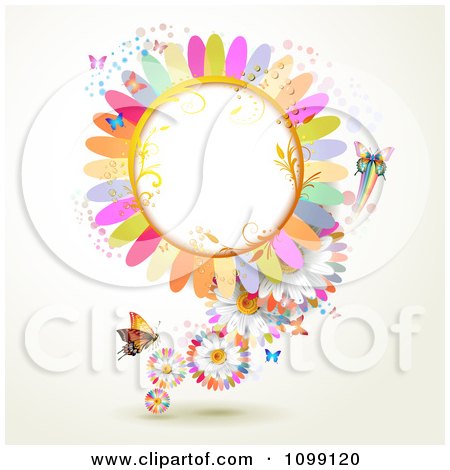 Clipart Background Of Butterflies With Colorful Flower Petals And A Frame - Royalty Free Vector Illustration by merlinul