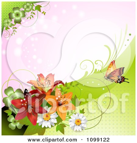 Clipart Background Of A Butterfly With Daisies Shamrocks And Lilies Over Pink - Royalty Free Vector Illustration by merlinul