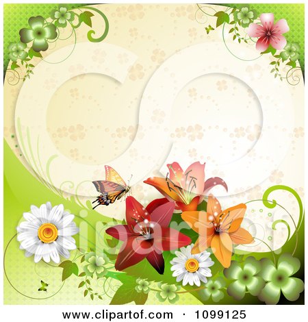 Clipart Background Of A Butterfly With Daisies Shamrocks And Lilies Over Beige With Clovers - Royalty Free Vector Illustration by merlinul