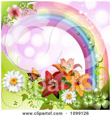 Clipart Background Of A Butterfly With Daisies Shamrocks And Lilies Under A Dewy Rainbow Over Purple - Royalty Free Vector Illustration by merlinul