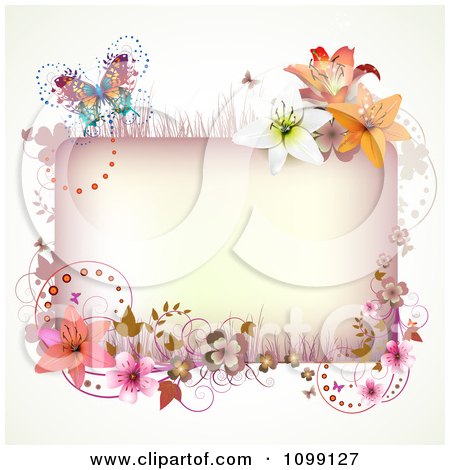 Clipart Background Of A Pink Floral Rectangle And Butterfly - Royalty Free Vector Illustration by merlinul