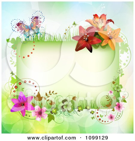 Clipart Background Of A Green Floral Rectangle And Butterfly - Royalty Free Vector Illustration by merlinul