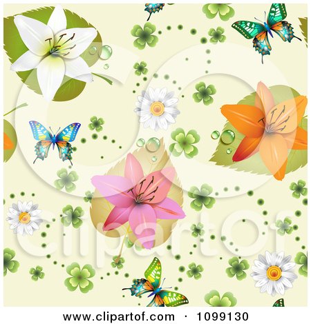 Clipart  Seamless Background Pattern Of Lily Flowers Shamrocks Daisies And Butterflies On Beige - Royalty Free Vector Illustration by merlinul