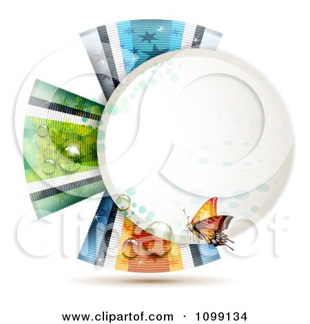 Clipart Orange Butterfly Over A Circle Frame With Dew And Ribbons - Royalty Free Vector Illustration by merlinul