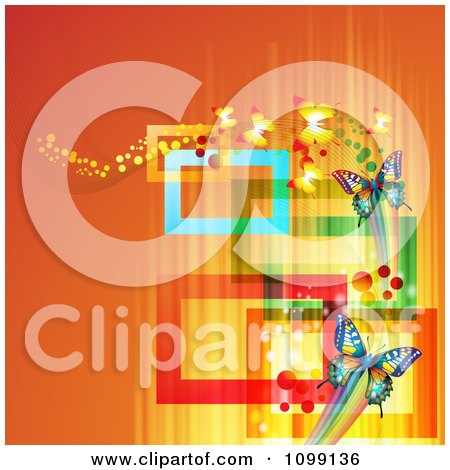 Clipart Background Of Butterflies With Streaks And Colorful Rectangles On Orange - Royalty Free Vector Illustration by merlinul