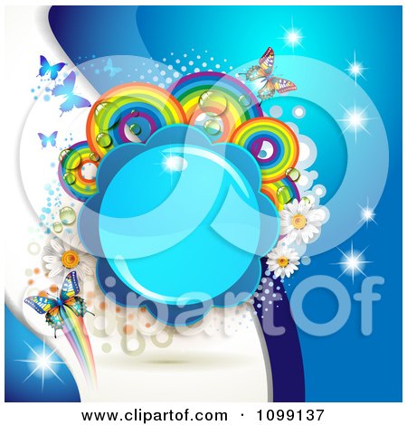 Clipart Background Of Butterflies A Shiny Blue Flower Rainbow Circles And Daisies - Royalty Free Vector Illustration by merlinul