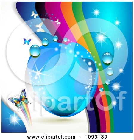 Clipart Background Of Butterflies With Rainbow Waves Dew Drops And Sparkles - Royalty Free Vector Illustration by merlinul