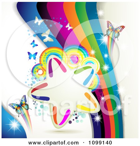 Clipart Background Of Butterflies With Rainbow Waves Circles And A Star Frame - Royalty Free Vector Illustration by merlinul
