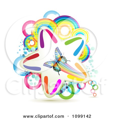 Clipart Butterfly Over A Colorful Star Rings And Rainbow Circles - Royalty Free Vector Illustration by merlinul