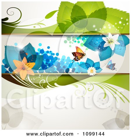 Clipart Floral Background With Butterflies Flowers And Blue Leaves - Royalty Free Vector Illustration by merlinul