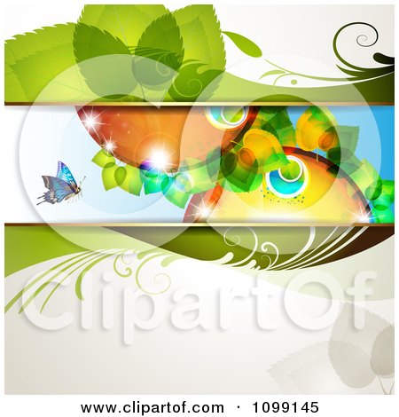 Clipart Floral Background Of Colorful Leafy Orbs And A Butterfly - Royalty Free Vector Illustration by merlinul