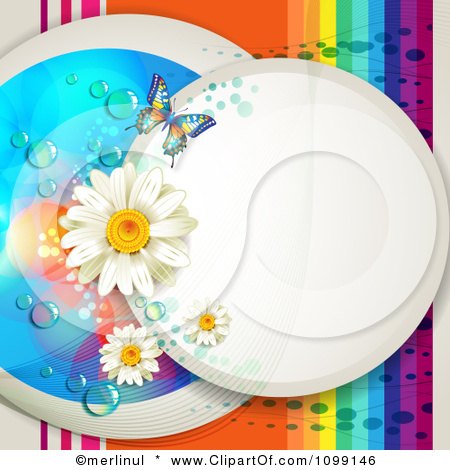 Clipart Background Of A White Circle With Daisies Mesh Waves Dew Butterfly And Rainbow Stripes - Royalty Free Vector Illustration by merlinul