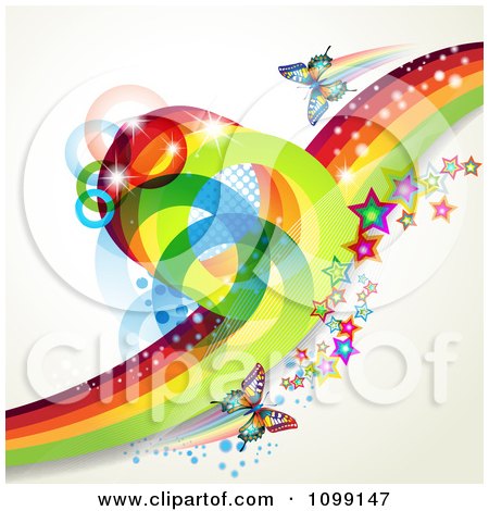 Clipart Background Of Butterflies With Mesh Rainbow Waves Stars And Circles - Royalty Free Vector Illustration by merlinul