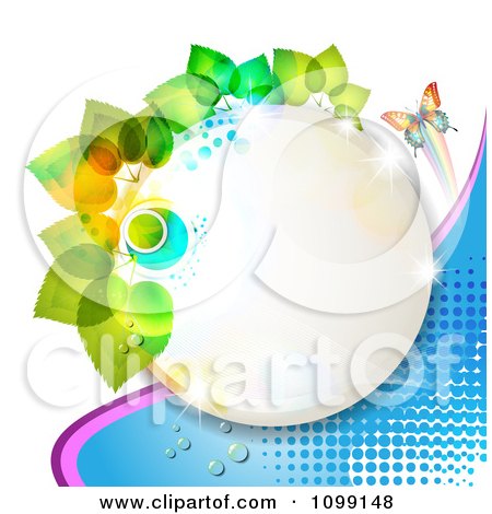 Clipart Circle Frame With Green Leaves A Butterfly Over Blue Dots - Royalty Free Vector Illustration by merlinul