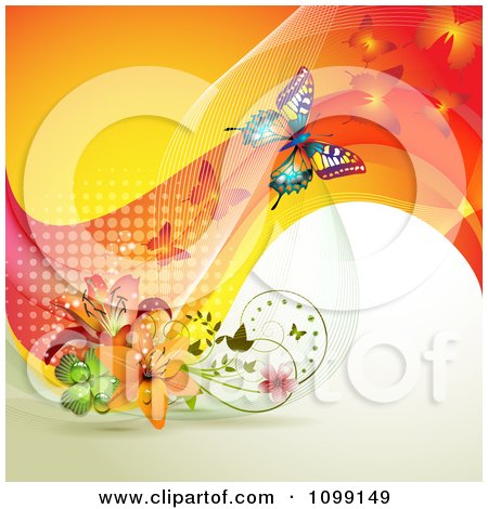 Clipart Background Of Butterflies With Mesh Waves And Flowers - Royalty Free Vector Illustration by merlinul
