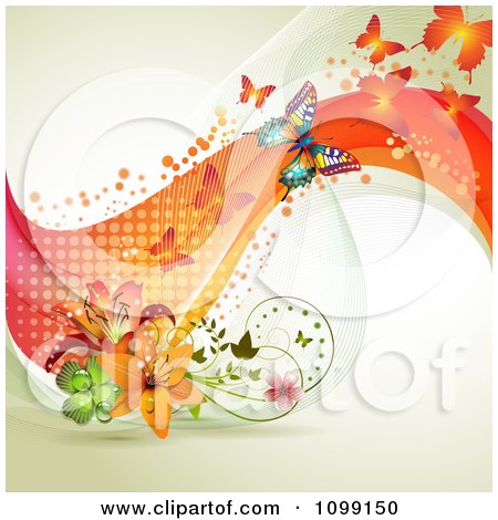 Clipart Background Of Butterflies With Mesh Waves And Lilies - Royalty Free Vector Illustration by merlinul