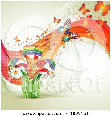 Clipart Background Of Butterflies With Mesh Waves And A Rainbow Clover - Royalty Free Vector Illustration by merlinul