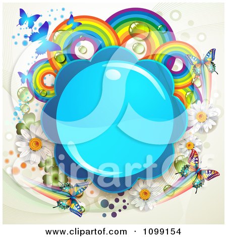 Clipart Background Of Butterflies With Rainbows Flowers And Shamrocks Around A Blue Frame - Royalty Free Vector Illustration by merlinul