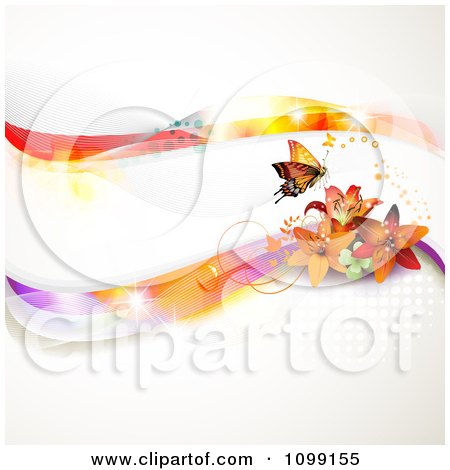 Clipart Background Of Lilies And Butterflies With Colorful Waves Dots And Copyspace - Royalty Free Vector Illustration by merlinul