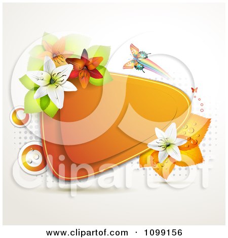 Clipart Background Of A Butterfly With Lilies And Leaves Around An Orange Triangular Frame - Royalty Free Vector Illustration by merlinul