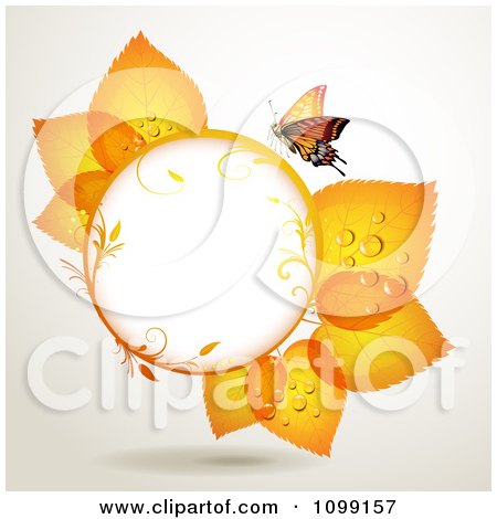 Clipart Background Of A Butterfly With Orange Leaves Around A Frame - Royalty Free Vector Illustration by merlinul