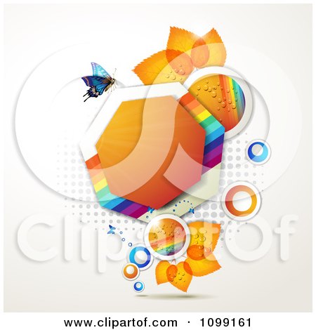 Clipart Background Of Blue Butterflies With Leaves Rainbows And An Orange Heptagon - Royalty Free Vector Illustration by merlinul