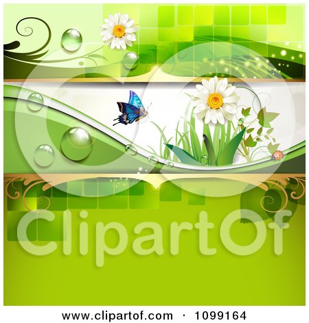 Clipart Background Of A Butterfly And Ladybug With Daisies And Green Copyspace - Royalty Free Vector Illustration by merlinul