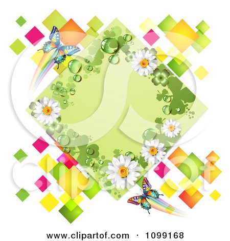 Clipart Green Shamrock And Daisy Diamond Over Colorful Tiles With Butterflies - Royalty Free Vector Illustration by merlinul