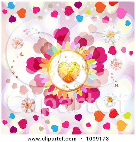 Clipart Dewy Orange Heart Flower With Daisies On Pink - Royalty Free Vector Illustration by merlinul