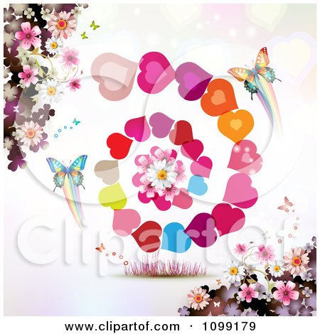 Clipart Background Of Butterflies Blossoms And Spiraling Hearts - Royalty Free Vector Illustration by merlinul