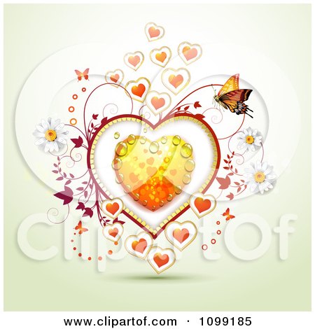 Clipart Valentine Or Wedding Background Of Butterflies And Vines Around A Dewy Orange Heart - Royalty Free Vector Illustration by merlinul
