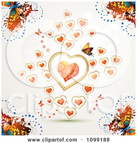 Clipart Background Of Colorful Butterflies And Floating Orange Hearts - Royalty Free Vector Illustration by merlinul