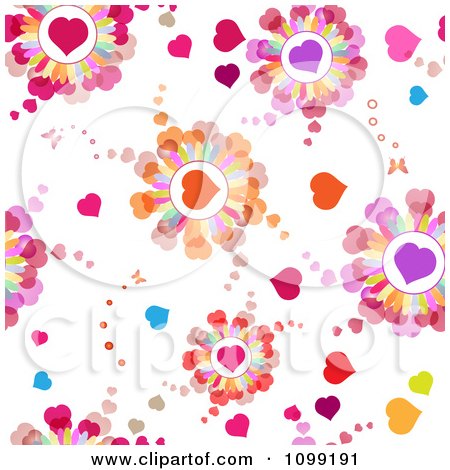 Clipart Seamless Background Of Colorful Heart Bursts And Butterflies - Royalty Free Vector Illustration by merlinul