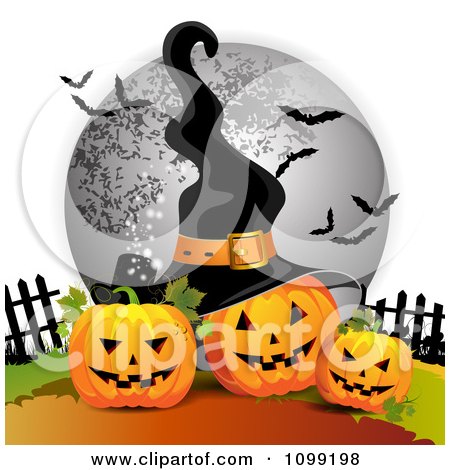 Clipart Three Halloween Jackolanterns Against A Full Moon With Bats And A Witch Hat - Royalty Free Vector Illustration by merlinul
