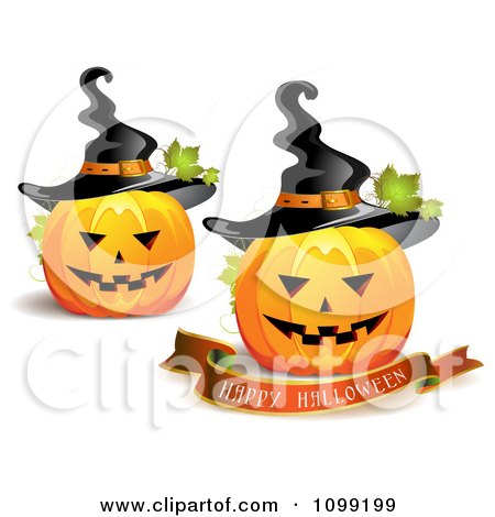 Clipart Happy Halloween Greeting Banner Under Stacked Jackolanterns In A Graveyard With A Candle - Royalty Free Vector Illustration by merlinul