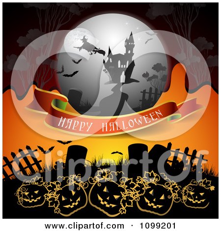 Clipart Happy Halloween Banner With Jackolanterns In A Graveyard Witch And Haunted House On Orange - Royalty Free Vector Illustration by merlinul