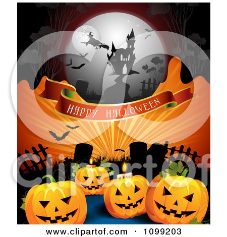 Clipart Happy Halloween Banner With Jackolanterns In A Graveyard Witch And Haunted House On Orange Rays - Royalty Free Vector Illustration by merlinul